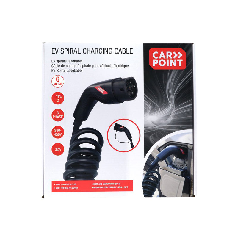 Carpoint, Spiral Opladningskabel, Type 2 til Type 2, 32A, 3-faset, 6 meter