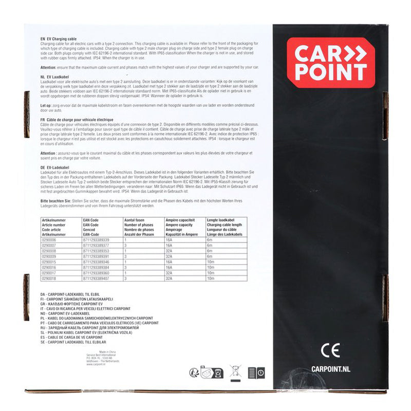 Carpoint, Laderkabel til elbil Type2>2, 32A 3-faset, 10-meter