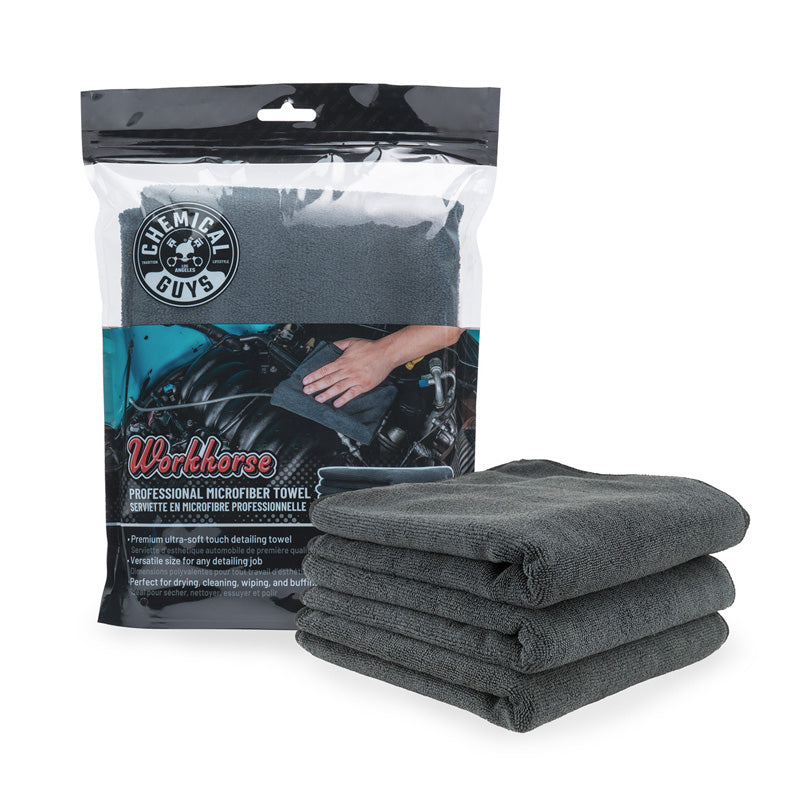 Chemical Guys Workhorse Professional Grade Mikrofasertuch (Gummi/Kunststoff/Vinyl) - Schwarz 16x16'' (3er-Pack)