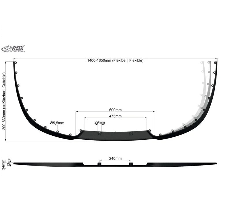 RDX Racedesign, RDX Universal Cup 2.0 Frontspoilerlippe/-Schwert - Flexibel - Schwarz (PU), PU-Rim, Mattschwarz