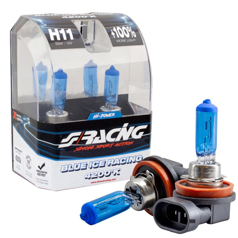 Simoni Racing, Halogen Birnen Blue Ice Racing H11 (4200K) 12V/55W, Satz à 2 Stück ECE-R37, Blau