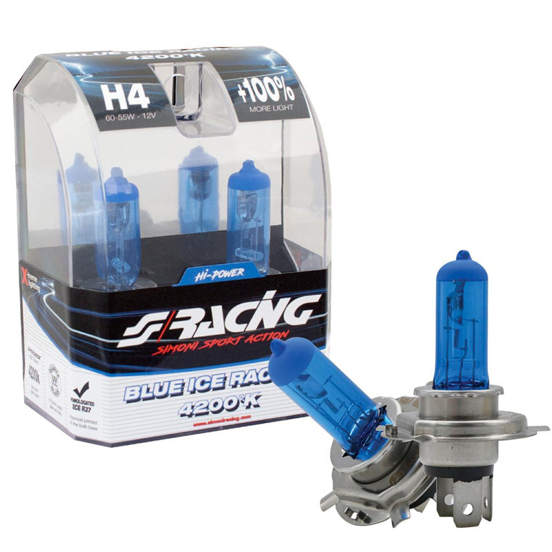 Simoni Racing, Halogen Birnen Blue Ice Racing H4 (4200K) 12V/60-55W, Satz à 2 Stück ECE-R37, Blau