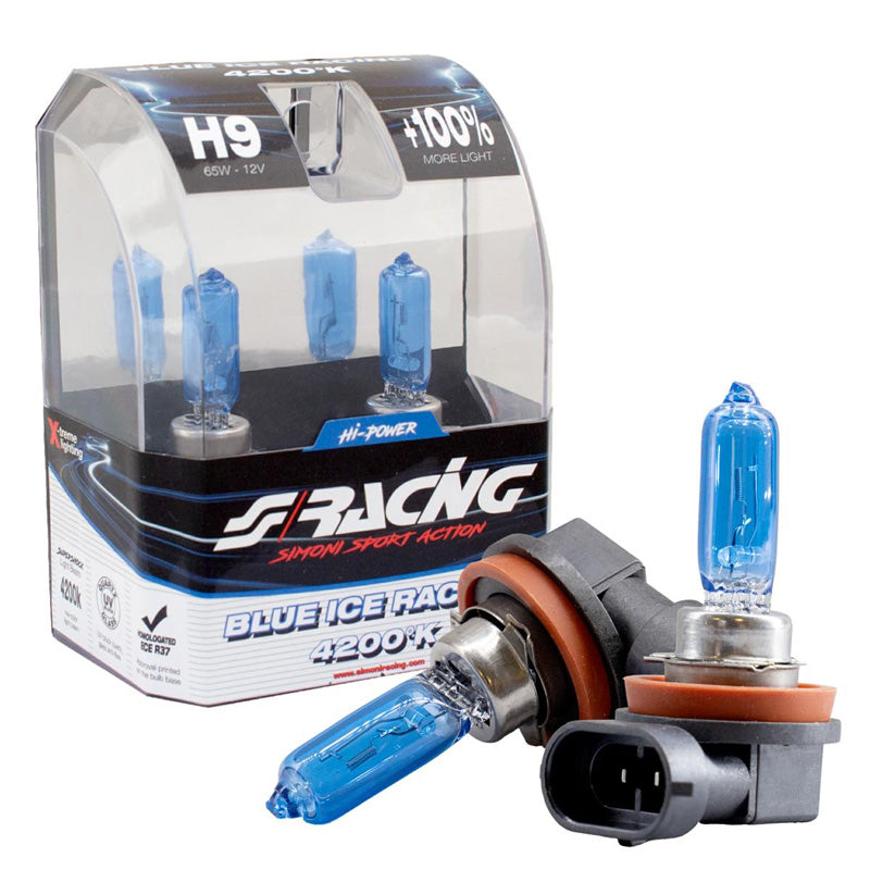 Simoni Racing, Halogen Birnen Blue Ice Racing H9 (4200K) 12V/65W, Satz à 2 Stück ECE-R37, Blau