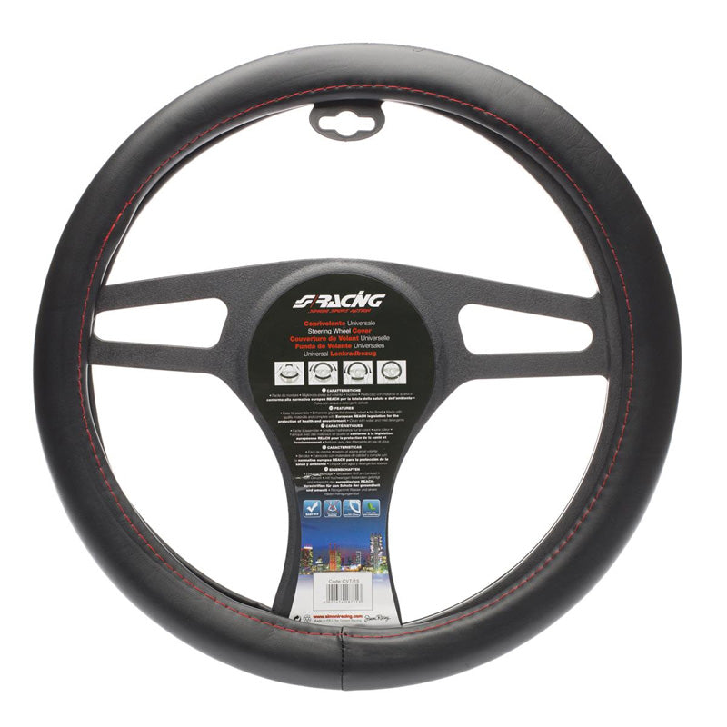 Simoni Racing, Lenkradbezug Red Seam - Schwarz Ökoleder + Rote Nähte - 37-39cm, Leder