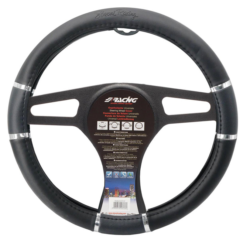Simoni Racing, Lenkradbezug Chrome&Black - Schwarz Ökoleder/Chrom - 37-39cm, Kunstleder, Chrom, Schwarz