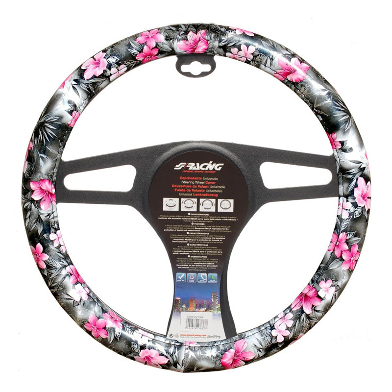 Simoni Racing, Lenkradbezug Flower - Schwarz Ökoleder/Rosa - 37-39cm, Textil, Rosa, Schwarz