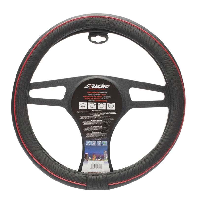 Simoni Racing, Lenkradbezug Speed - Schwarz Ökoleder + Rote Nähte - 37-39cm, Textil, Rot, Schwarz