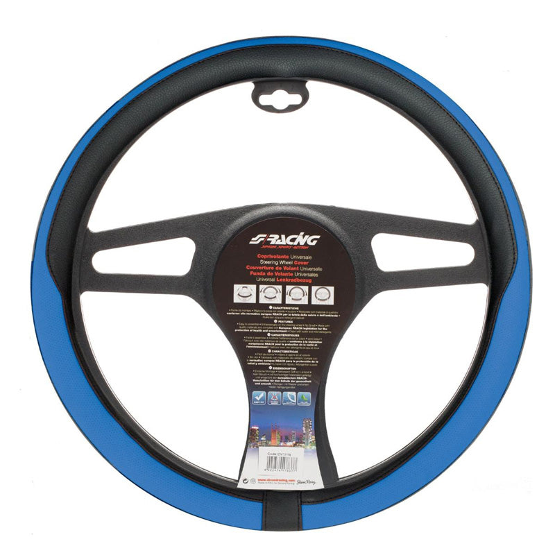 Simoni Racing, Lenkradbezug Tidy - Schwarz/Blau Ökoleder - 37-39cm, Textil, Blau, Schwarz