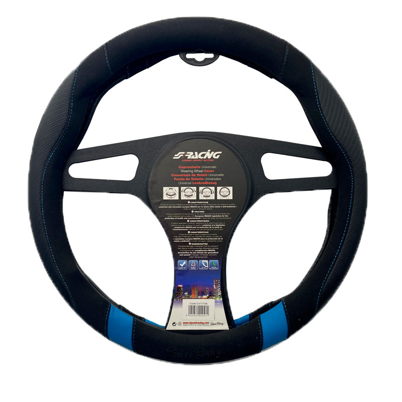Simoni Racing, Lenkradbezug Good Vibe B - Schwarz Ökoleder/Mikrofaser/Karbonoptik + Blaue Einsätze - 37-39cm, Kunstleder, Microfiber