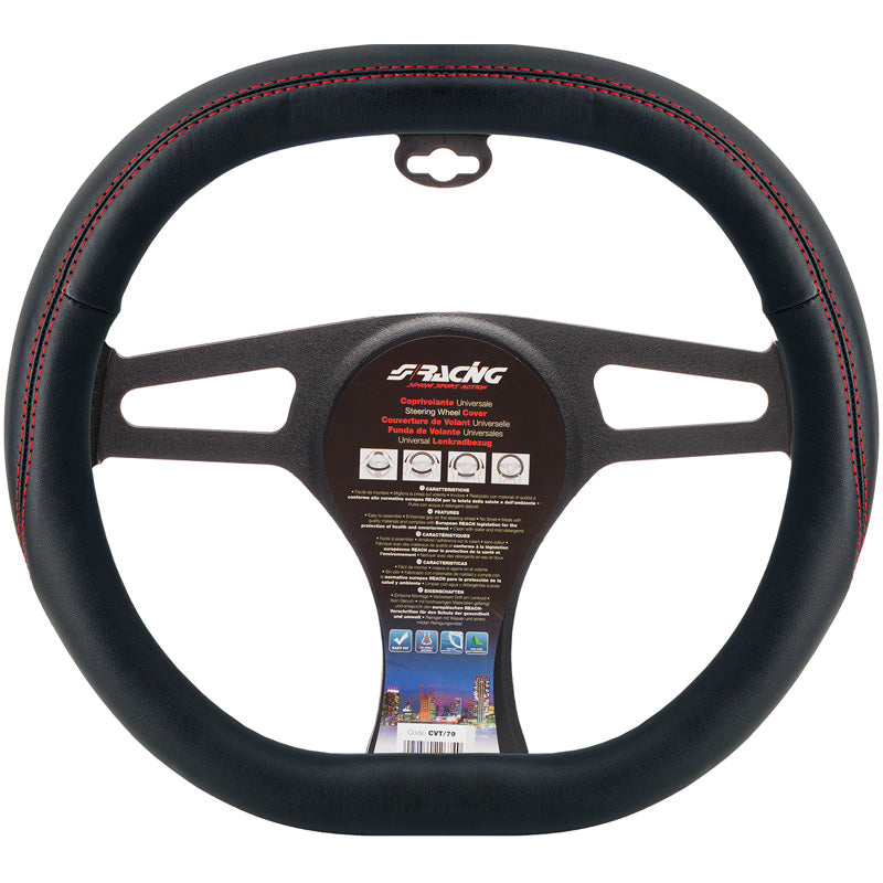 Simoni Racing, Lenkradhülle, Schwarz Ökoleder + Rote Naht, 37-39cm, Square Shape