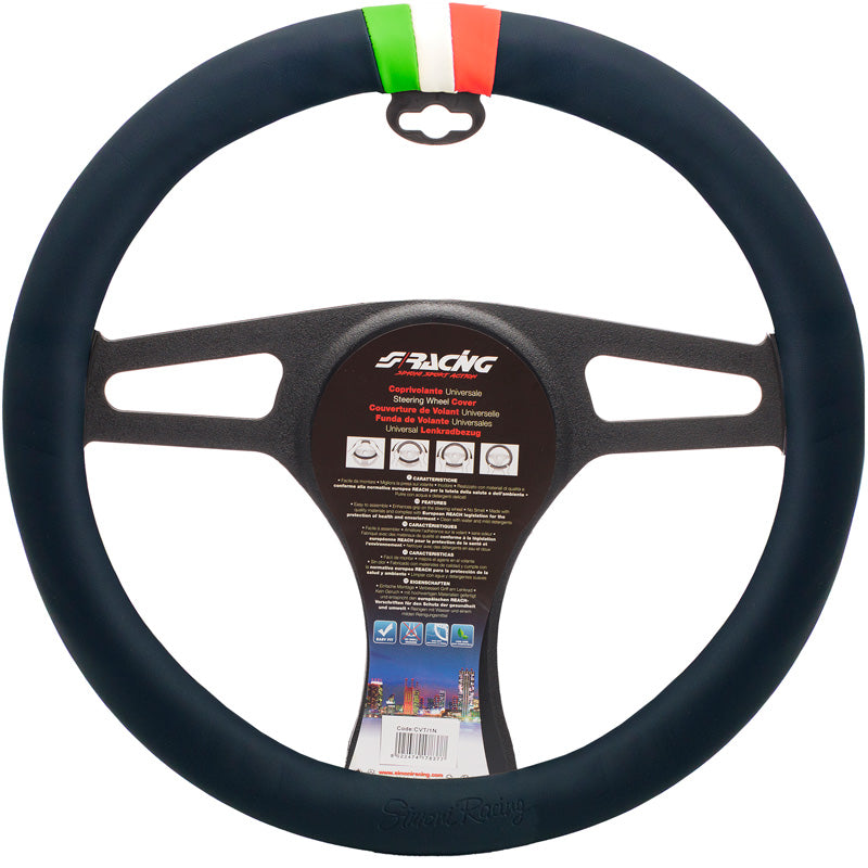 Simoni Racing, Lenkradhülle, Schwarz Ökoleder & Italienische Flagge, 37-39cm