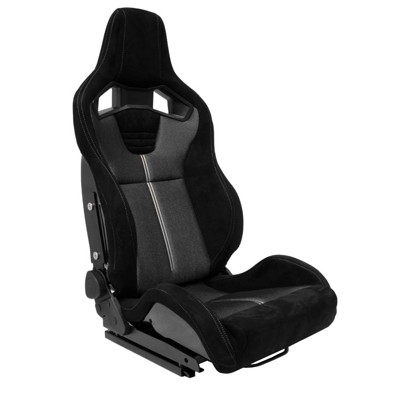 AutoStyle, Sportsitz 'NK Premium', Schwarz Suede + Graues Mesh, Doppelt verstellbare Fiberglas-Rückenlehne, Inkl. Schienen